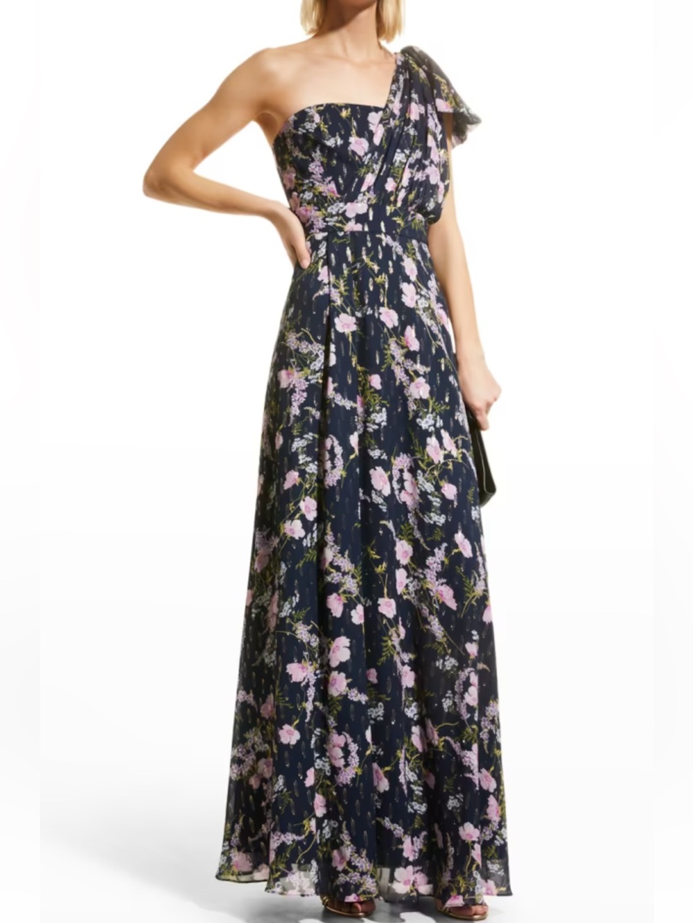 Shoshanna Navy One-Shoulder Floral Maxi Dress with Pink Blooms
